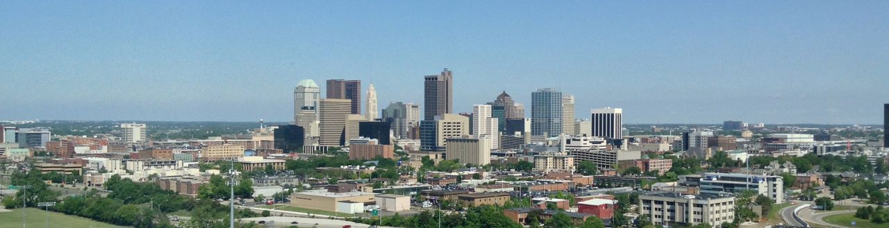 Columbus skyline beside the Scioto River in a 2014 photograph